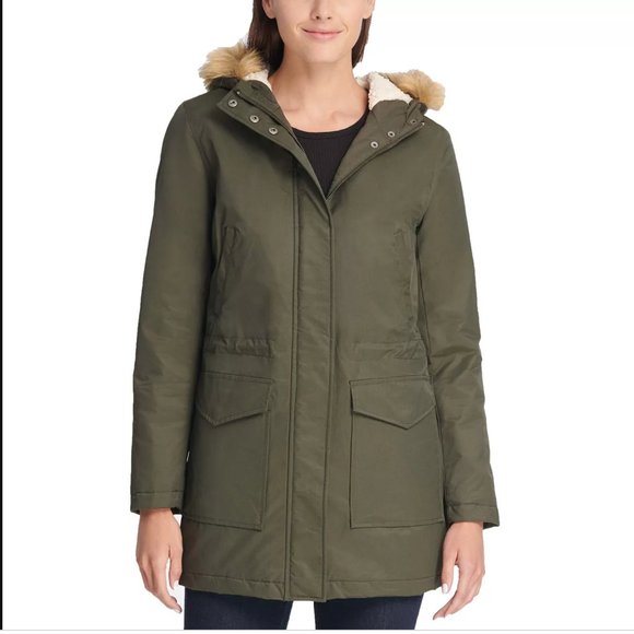 Levi's Sherpa Lined Parka Green Jacket Faux Fur Trimmed Hood Size Small - Picture 1 of 12